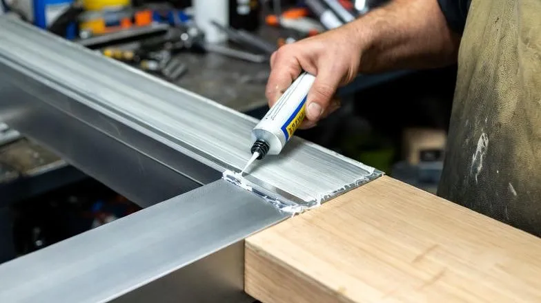 Мастер наносит клей на металл