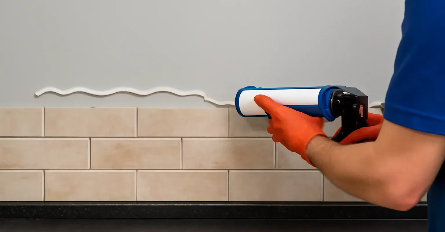 Нанесение клея герметика на стену
